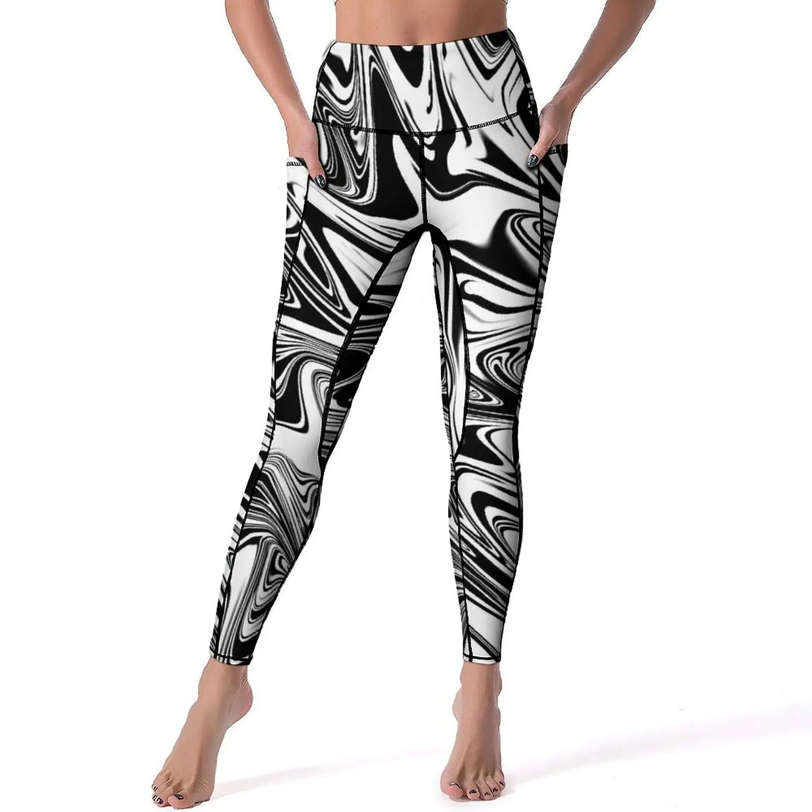 

White And Black Tie Dye Yoga Pants Pockets Liquid Leggings Sexy High Waist Funny Yoga Sports Tights Stretchy Graphic Gym Leggins