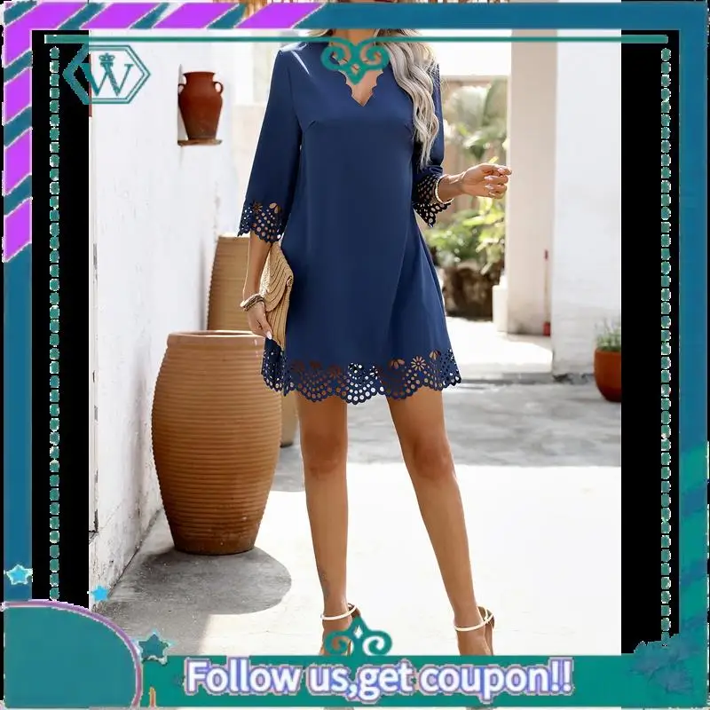 A09P Women's Casual T Shirt Dress Summer 3/4 Length Sleeve Hollow Swing Dresses