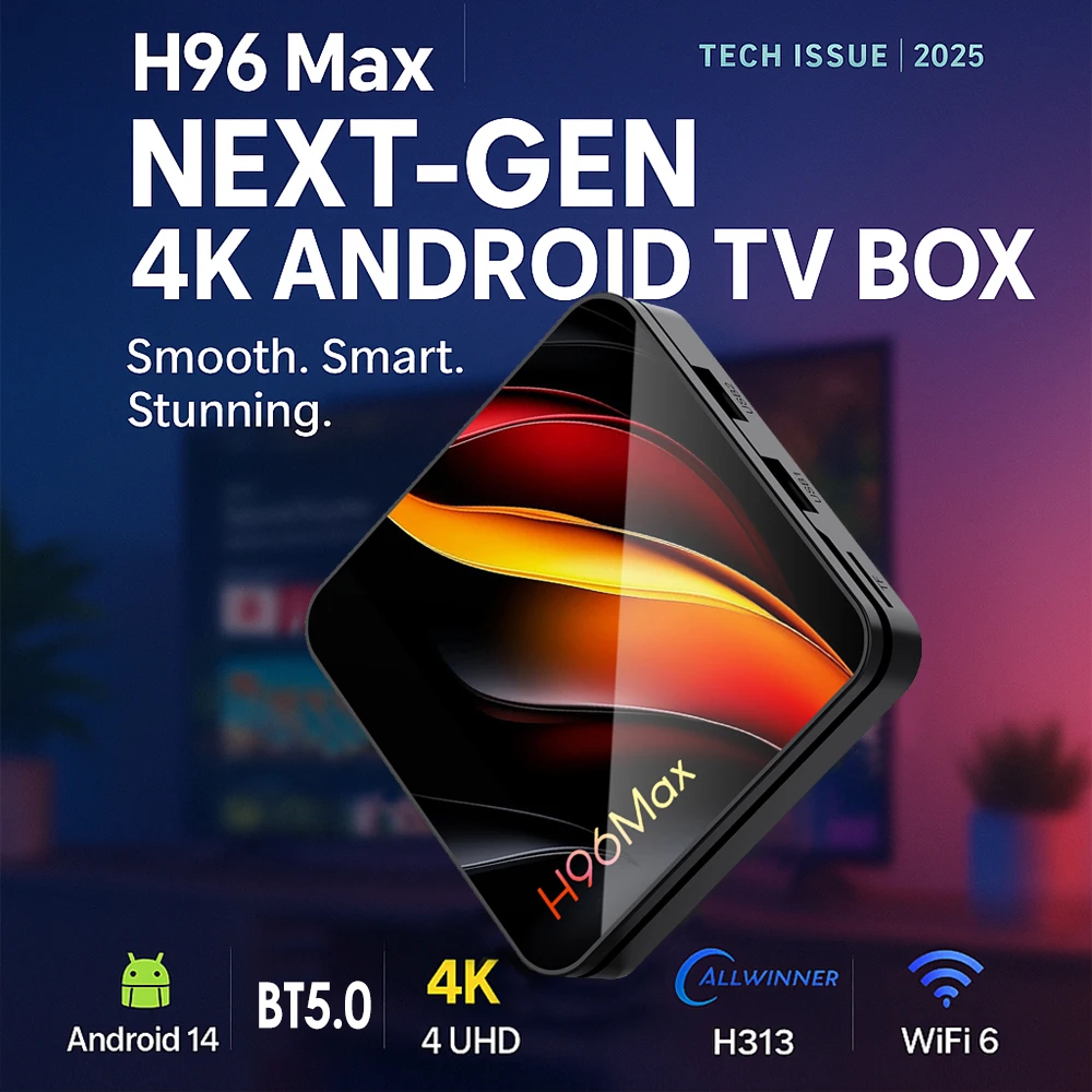 H96 MAX H313 Android 14 TV Box 4K HD WiFi6 BT5.0 100M Asistente de Voz de Google Lente Sunburst Nuevo Diseño Reproductor Multimedia Decodificador