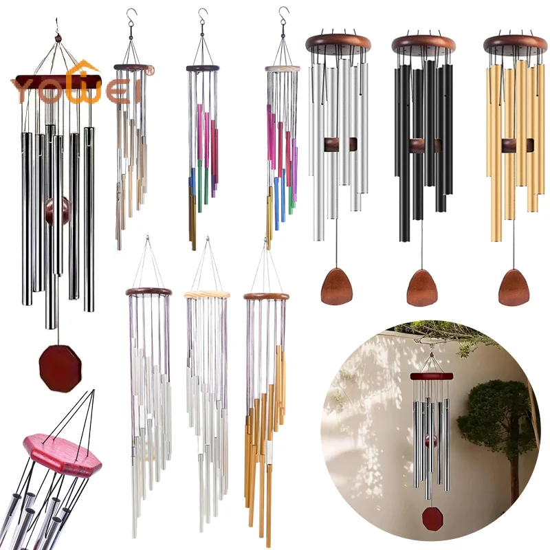 Latest Retro Red Wood Silver Aluminum Pipes Wind Chime Classic Octagonal Hang Tag 6 Metal Tubes Courtyard Corridor Balcony Decor
