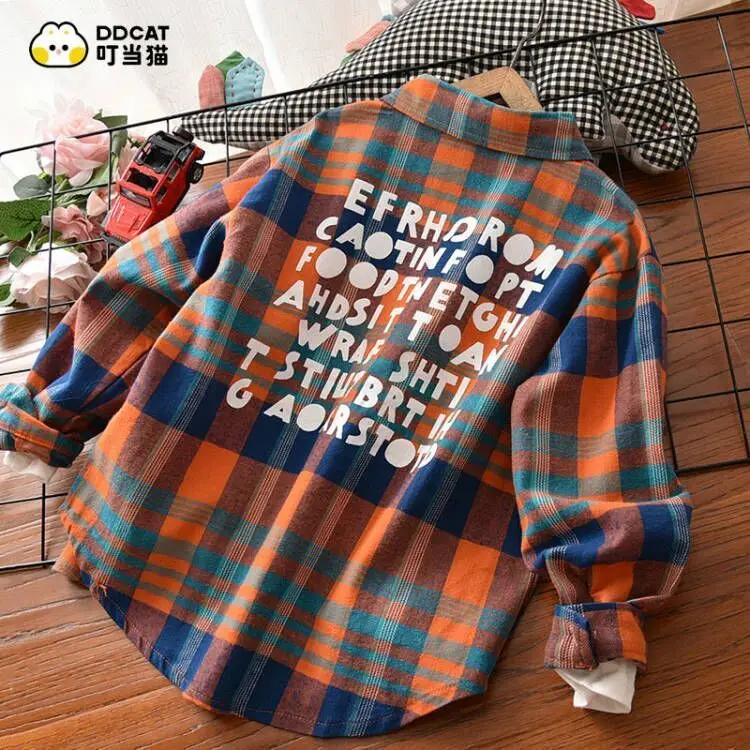 Boys\' Shirt Autumn and Winter Cotton Handsome Coat Middle Children\'s Plaid Long Sleeve Plush Spring and Autumn Shirt