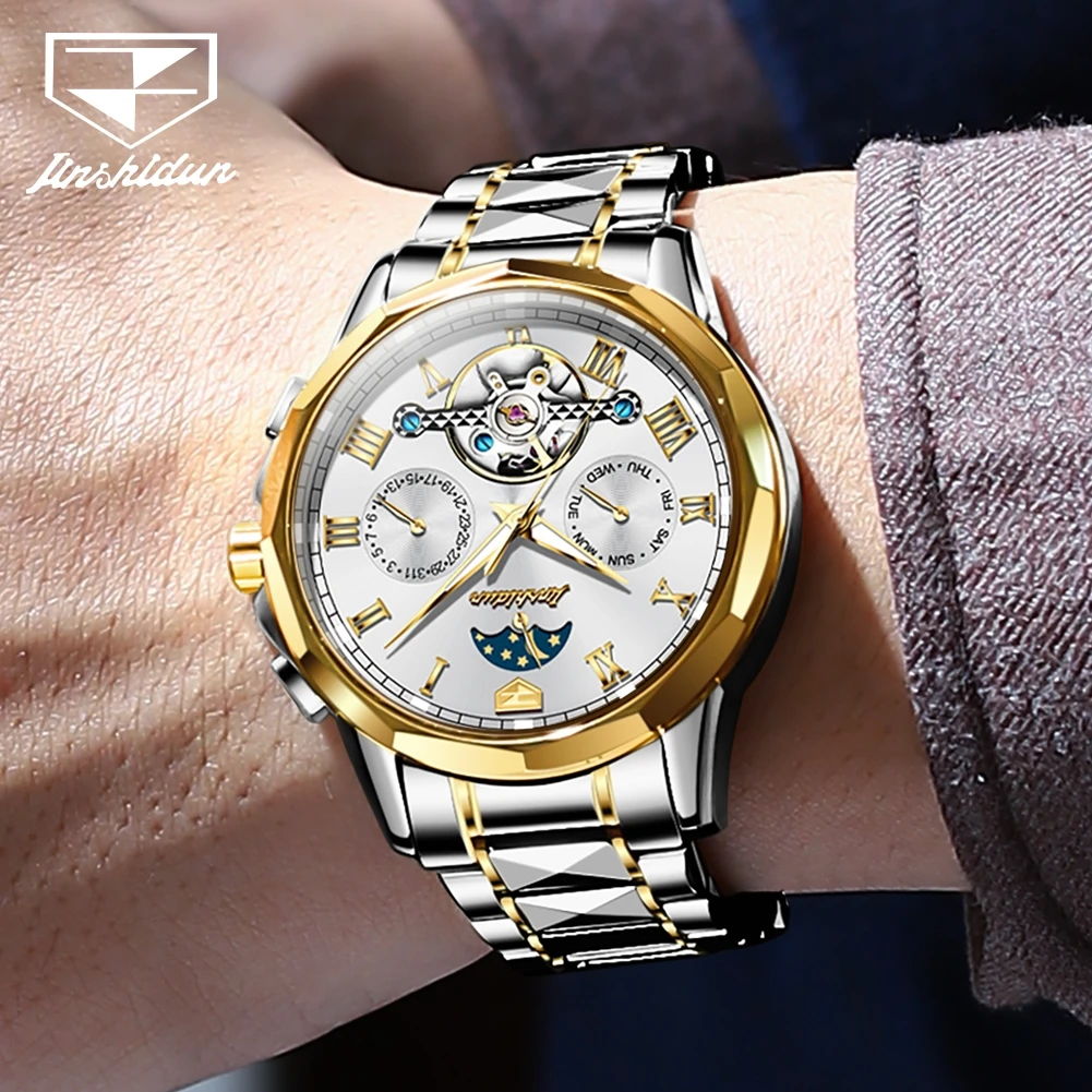 JSDUN-ساعة ميكانيكية أوتوماتيكية فاخرة للرجال ، فولاذ التنغستن ، توربيون ، مرحلة القمر ، مقاومة للماء ،