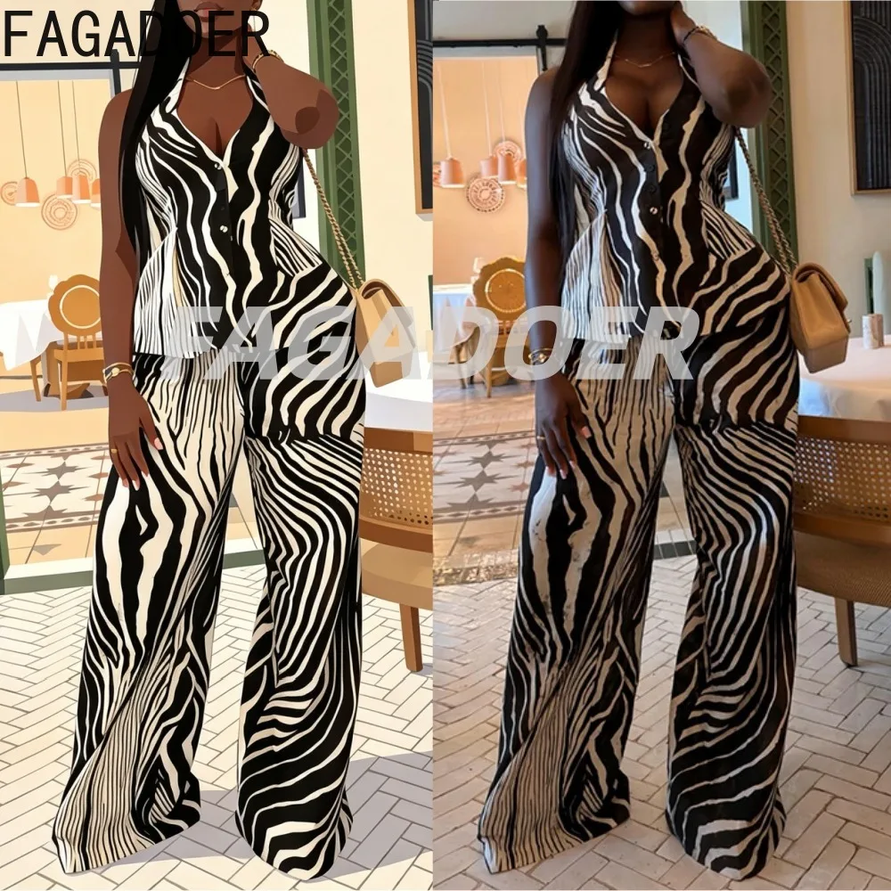 

FAGADOER Summer New Vintage Fashion Zebra Print Patchwork Halter Backless Crop Top + Pants Matching Two Piece Outfits Woman Suit