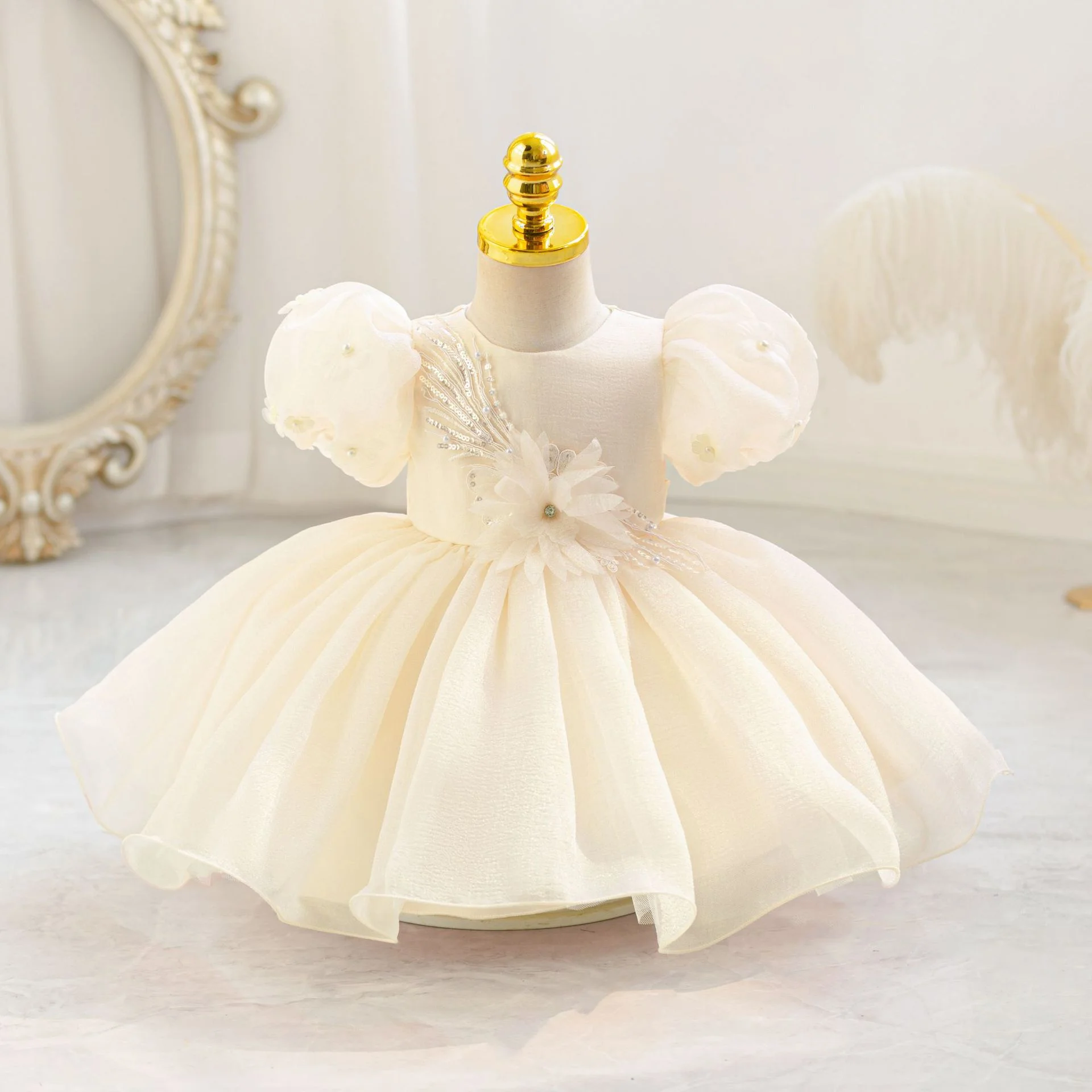 

Pink Cute Sweet Puff Sleeve Baby Girl Dress First Birthday Princess Wedding Party Girl Bridesmaids Evening Gown Beauty Pageant