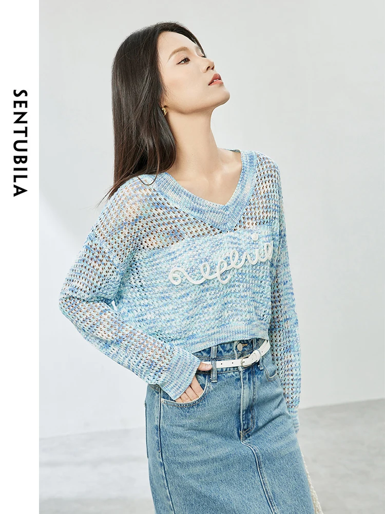 SENTUBILA-suéteres ahuecados empalmados para mujer, jersey de manga larga con cuello redondo y letras tejidas, Tops con aire acondicionado para otoño, W41H54034, 2024