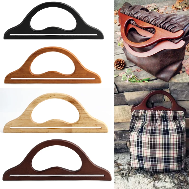 2PCS Natural Solid Wood Wallet DIY Knitted Bag Hanger Handle D Shape Wooden Beach Bag Straw Bag Handle Replacement