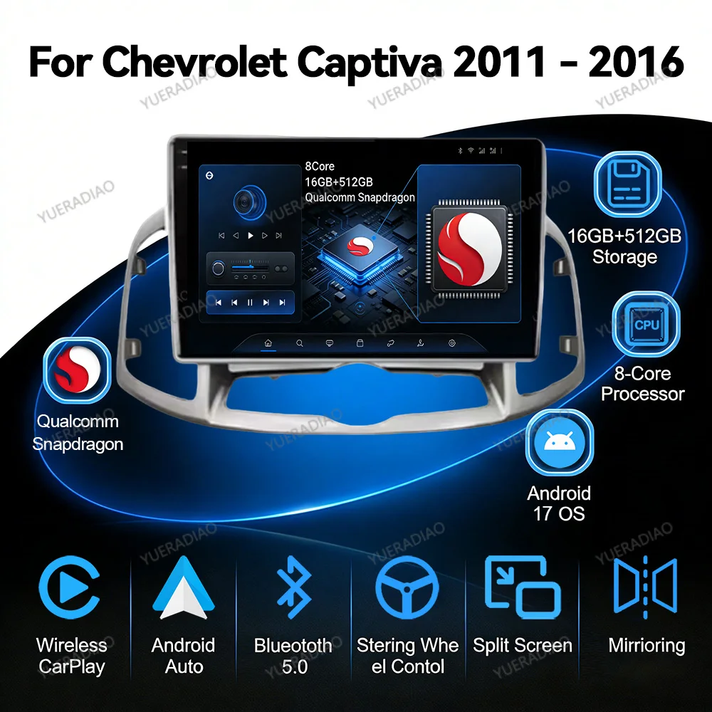 Android 17 Car Radio For Chevrolet Captiva 1 2011 - 2016 QLED Multimedia Video Player Qualcomm 4G LTE 5G WIFI Carplay Auto 2DIN