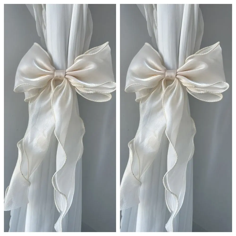 Silk Material Curtain Bow Tiebacks Translucent Mesh Lace Design Curtain Tiebacks Pearl Decoration Elegant Style