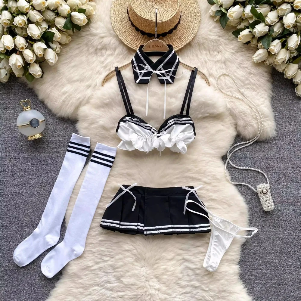 Japan Girls Vintage Cosplay Costume Sexy JK Uniform Skirt Suits Pajamas Outfits Erotic Striped Bow Tie Pleated Skirts Set