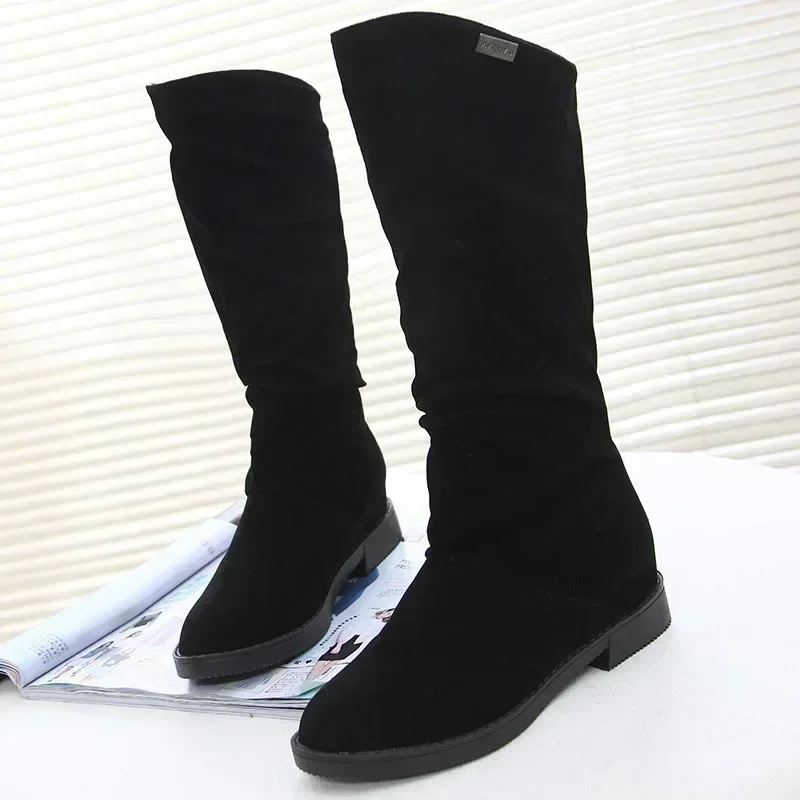 Autumn Winter Women Shoes Mid Calf Boots Warm Plush Women's Shoes Retro Slip on Platform Low Heel Knight Long Stretch Boots