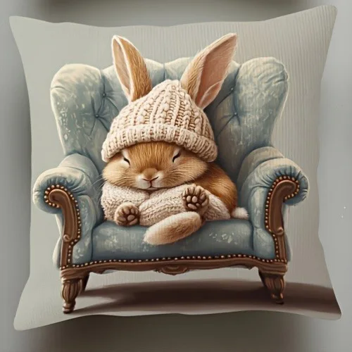 Create a festive atmosphere, cute rabbits wear hats and sit in luxury chairs, warm and interesting pillowcases add home elegance