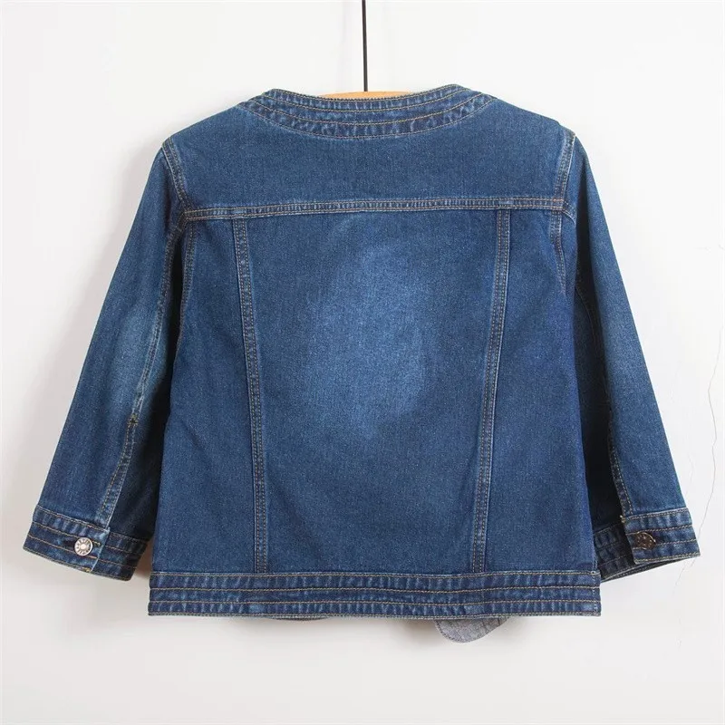 S-5XL Women Denim Jackets Spring Three-Quarter Sleeve O-Neck Single-Breasted Washed Jean Short Jacket Female Casual Outerwear