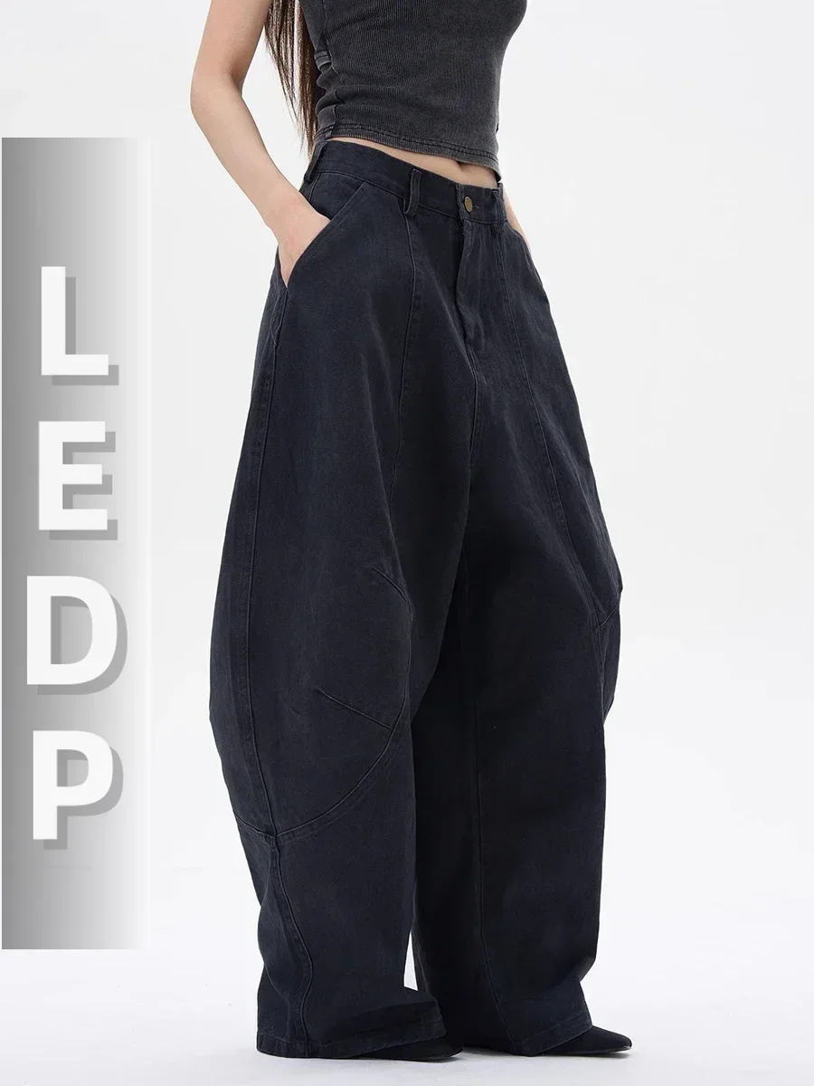 IMU Low Rise Barrel Boyfriend Jeans Women Men Solid Seam Relax Fit Wide Leg Baggy Horseshoe Denim Pants Vintage Street