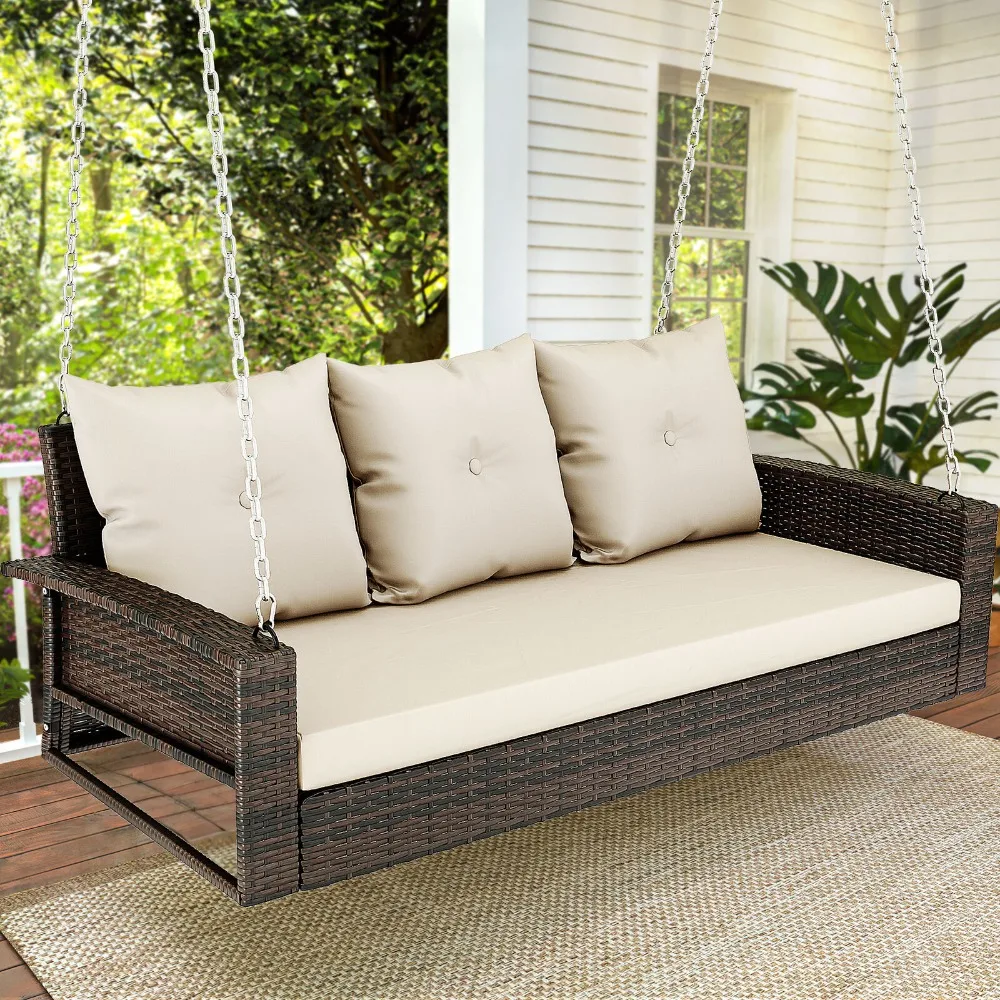 

3-Seats Wicker Hanging Porch Swing Chair Rattan Patio Lounge w/Cushion