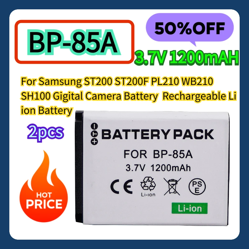 

For Samsung ST200 ST200F PL210 WB210 SH100 Gigital Camera BP-85A Battery 3.7V 1200mAH Rechargeable Li ion Battery 2pcs