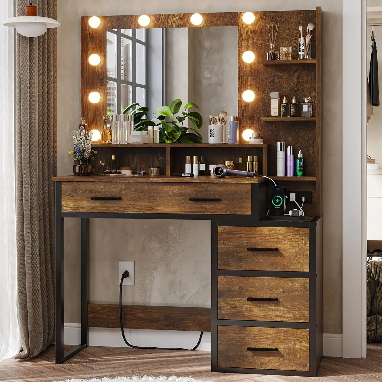 2024 NEW Makeup Vanity with Mirror and 10 LED Lights, 3 Lighting Modes, Makeup Table with 2 USB Ports and Outlets, Vanity Table