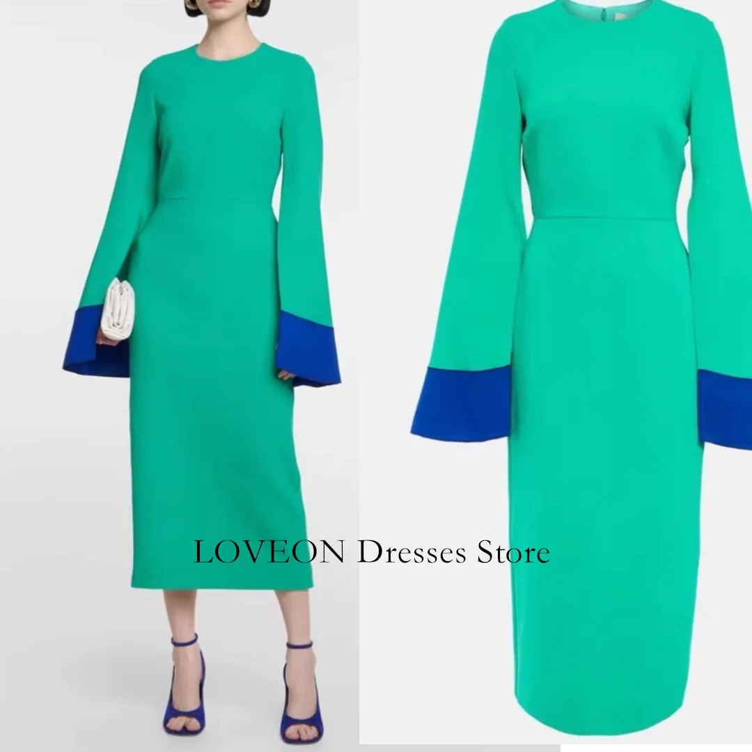 O-Neck Tea Length Crepe Satin Prom Dress Formal Dress Long Sleeves Prom Party Evening Gowns for Women Formal Bridesmaid Dress