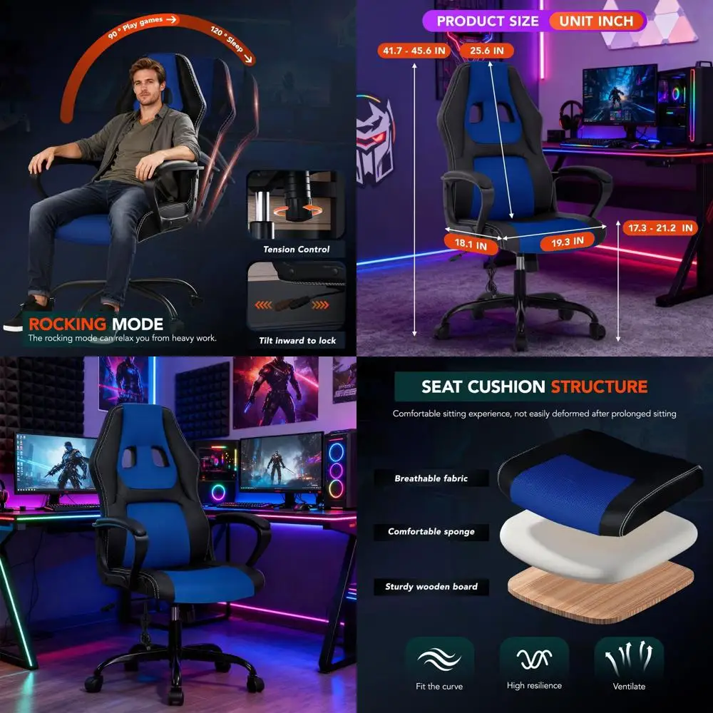 

Ergonomic Swivel Gaming Chair with Massage, Adjustable Lumbar & Headrest Support, Blue Office Chair for Adults