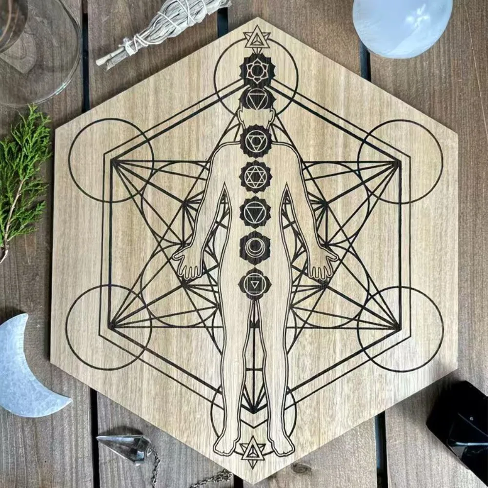 Spiritual Healing Board with Hexagonal Design, Containing the Sand Mountain Symbol and Meitrangke Pattern