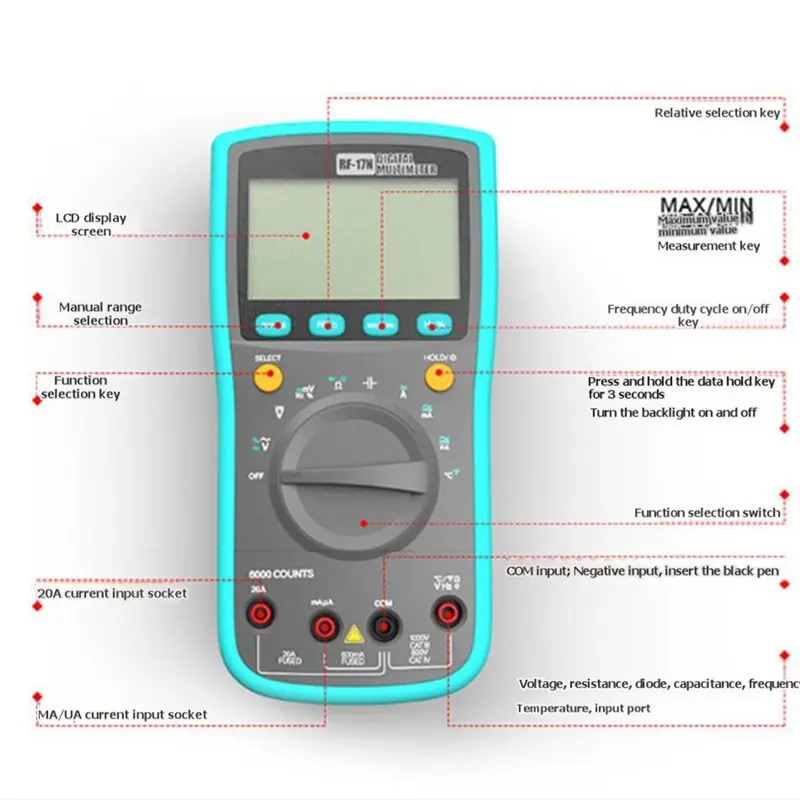 ABKJ-RF4 RF-17N Digital Multimeter Professional Instrument LCD Backlight Display Data Hold Multi-Function NCV AC/DC