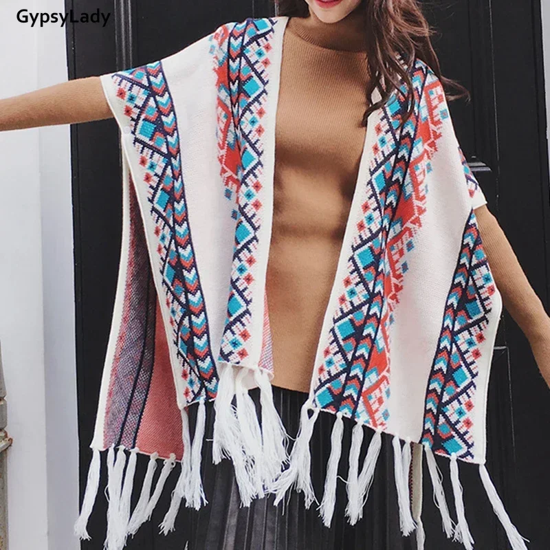 

GypsyLady Vintage Boho Cloaks Capes Top white Women Autumn Winter Floral Knitted Poncho Capes Tassels Chic Cloak Poncho Outwear