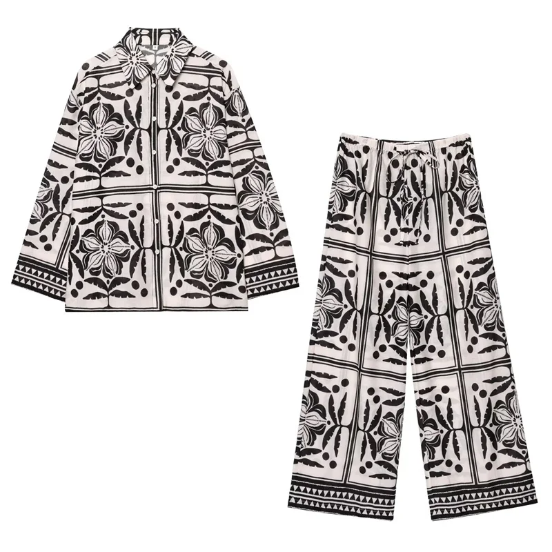 

Women's suit New Summer 2025 Black and white contrasting long-sleeved shirt with drawstring wide leg pants casual and lazy