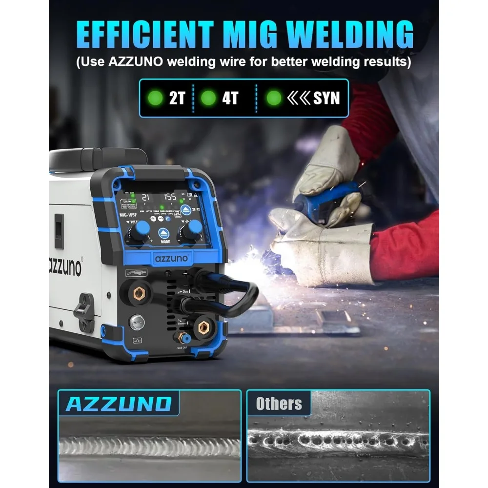 AZZUNO Aluminium 155A MIG-lasapparaat 110V / 220V, 5-in-1 MIG-lasmachine met fluxkern MIG / gas MIG / aluminium MIG / Stick / Lift TIG Wel