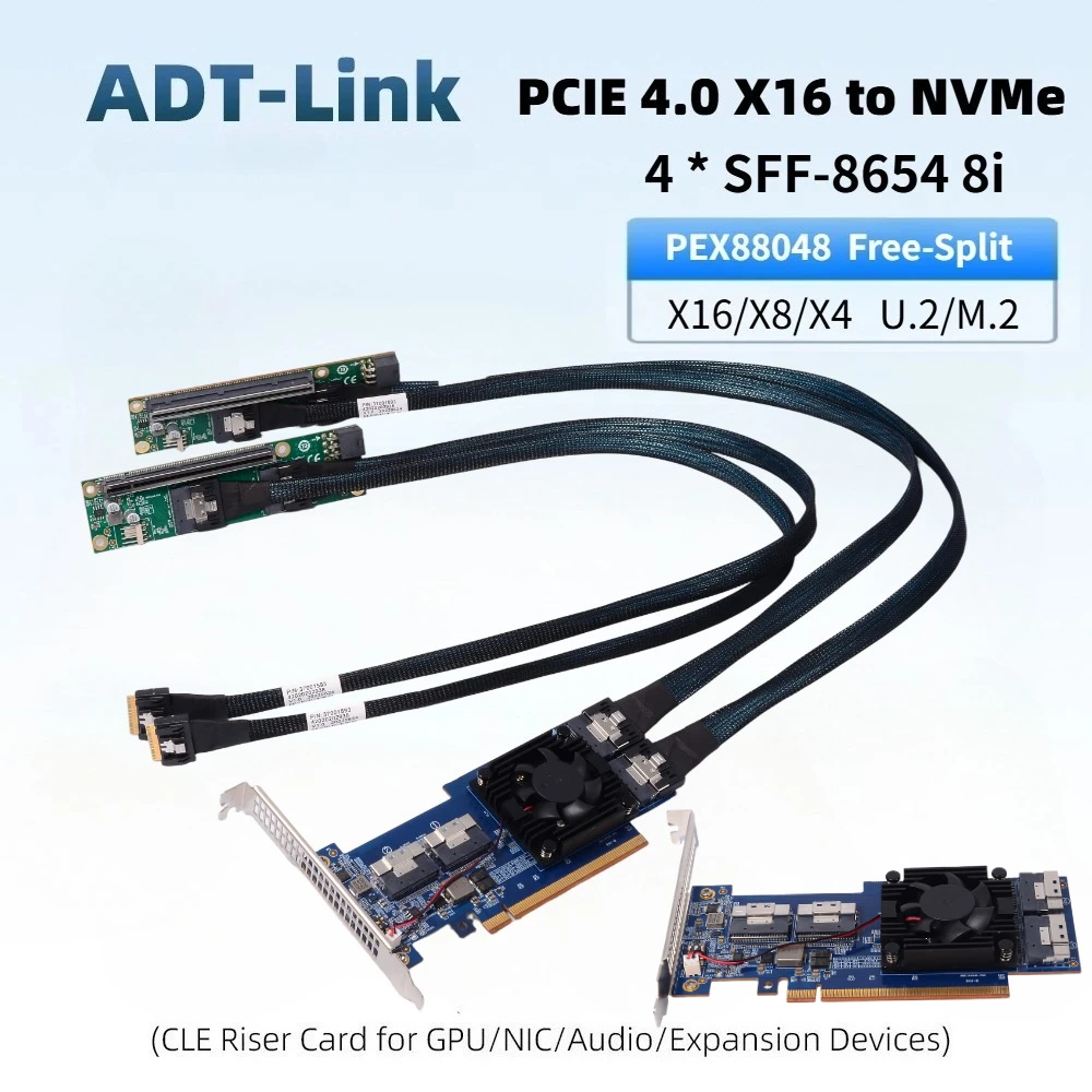 Dual PCIe 4.0 X16 4-Port NVMe Adapter Expansion PEX88048 4*SFF-8654 8i Card for Graphics Card EGPU Network SSD U.2 M.2 X16 X8 X4