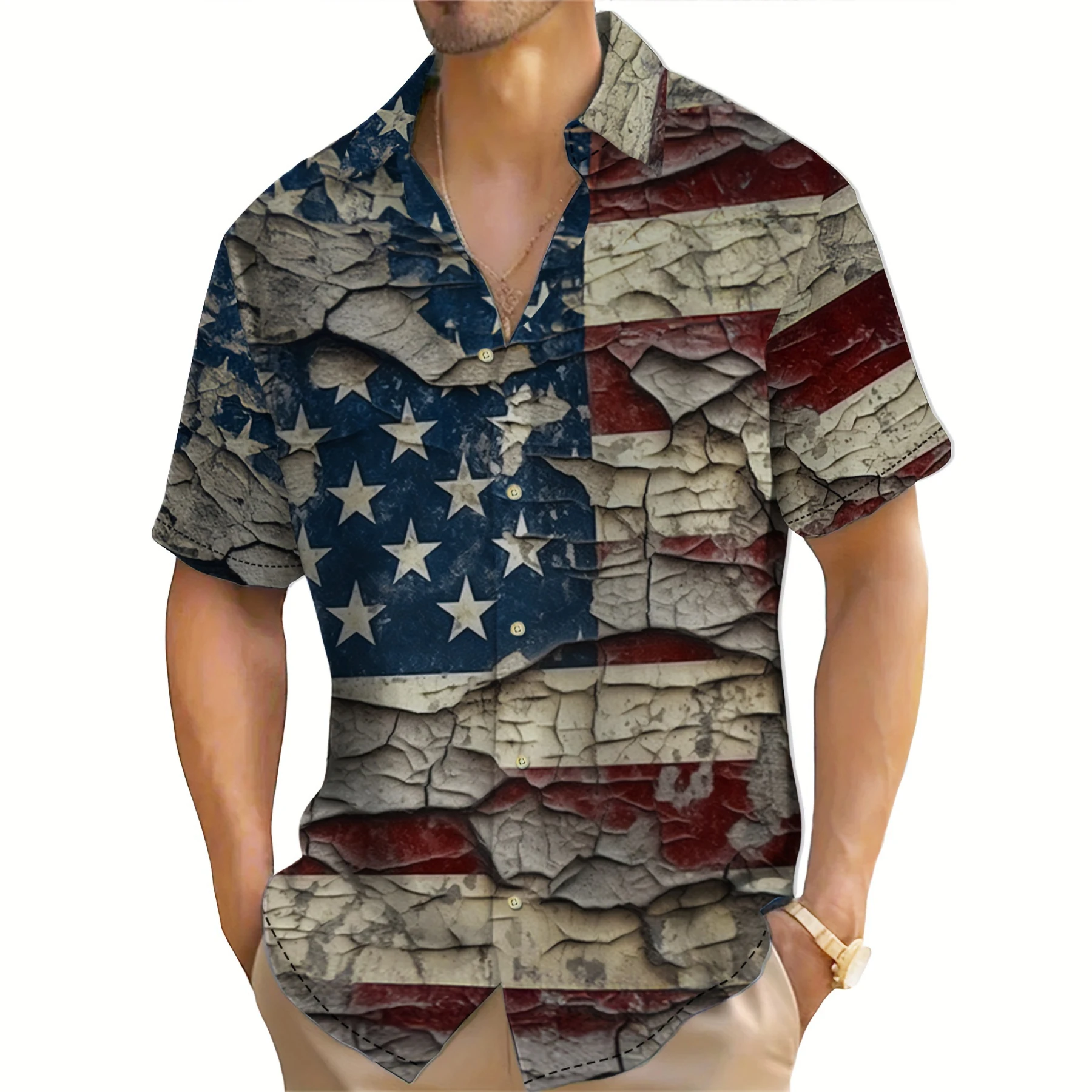 Hawaii Men's Shirt Shirt Summer Casual Short Sleeve Retro Shirt American flag Print Cardigan Top Fashion Male Overszied Clothing