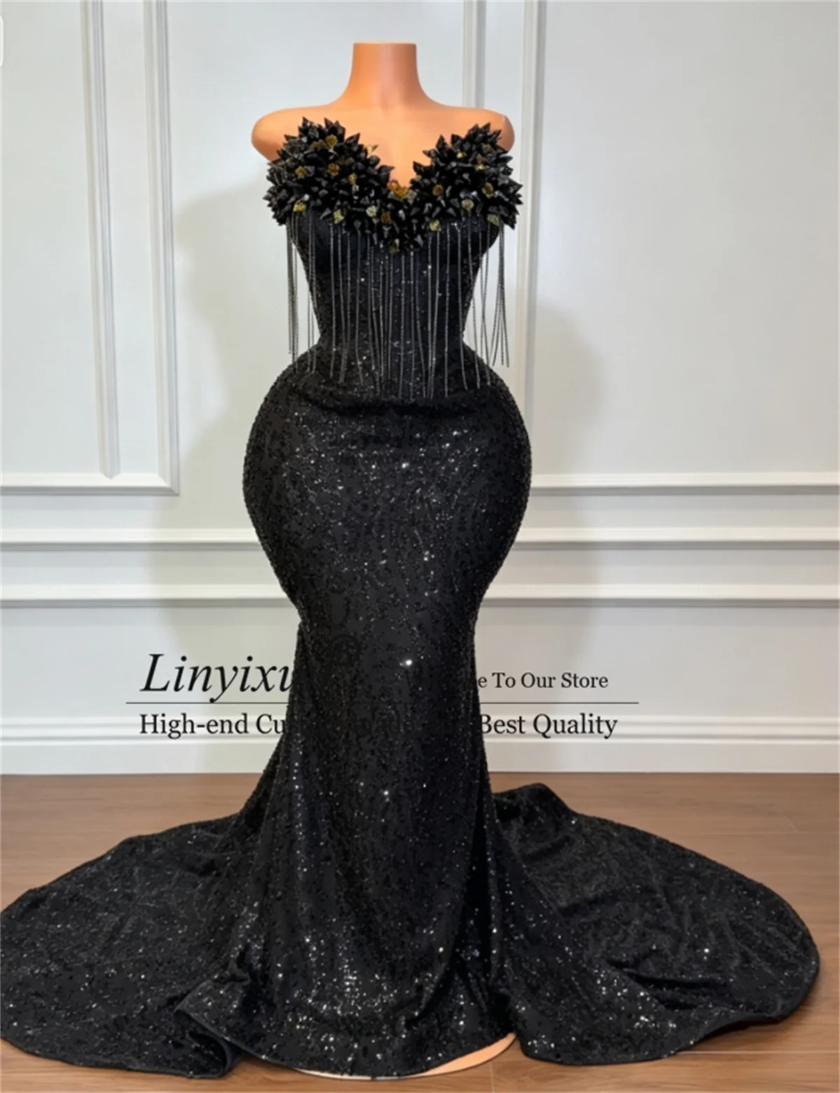 Maßgeschneidertes Aso Ebi Meerjungfrauen-Abschlussballkleid mit Glitzerkristallen und Diamanten für Abendpartys und zweite Empfänge, mit Quasten, für schwarze Mädchen, Robe De Soiree