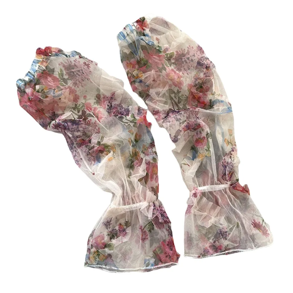 Thin Sweet Chinese Style Sleeves Flower Elastic Chiffon Sunscreen Arm Covers Long-sleeved Sun Protection Cycling Gloves Summer