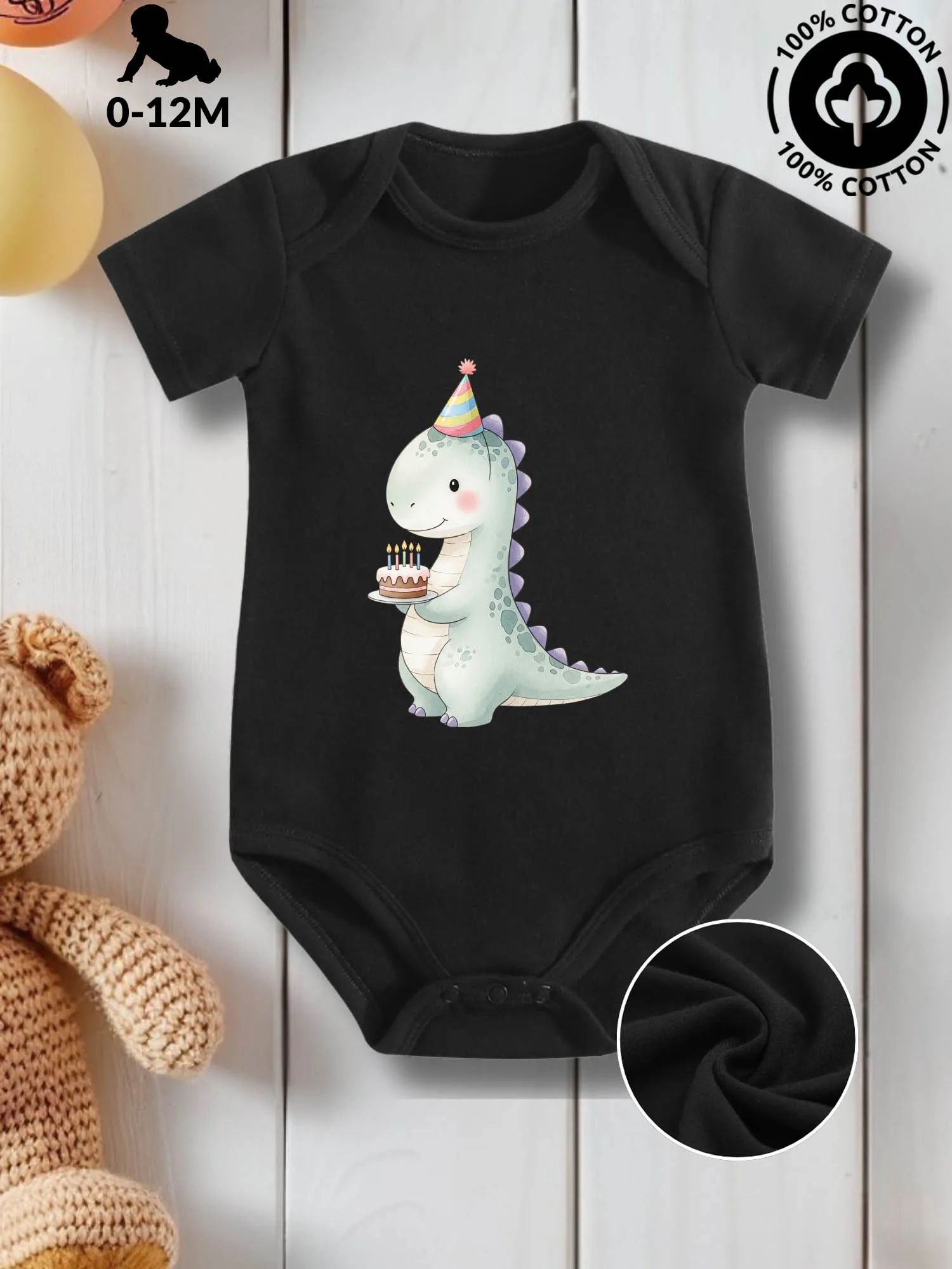 

Детский костюм унисекс для ползания Dino Holding Birthday Cake, комбинезон для ухода за кожей из чистого хлопка, всесезонный черный боди 190GSM