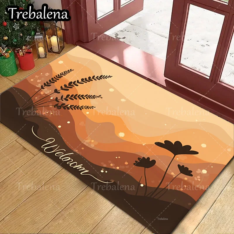

1pc Welcome Door Mat Welcome Mat with Sunset Landscape and Floral Design for Home Decor