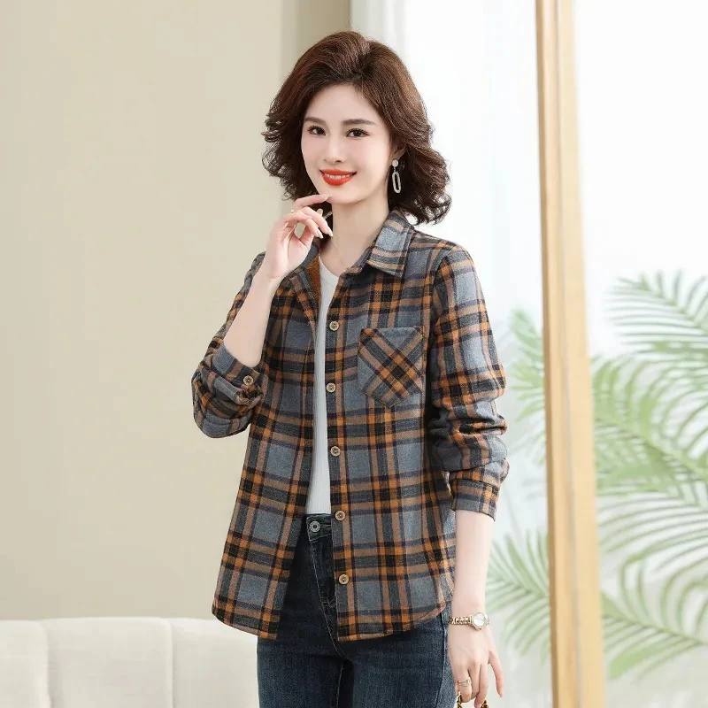 Fashion Add Velvet Plaid Shirt Female 2023 New Women Shirt Tops Casual Outerwear Autumn Winter Thicken Warm Shirt Jacket