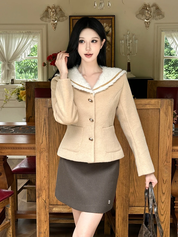 ReddaChic 2-piece Sailor Collar Crop Jacket Women Set Cute Fall Winter Mini Skirt Wool-blend Coat Preppy Style Retro Clothes