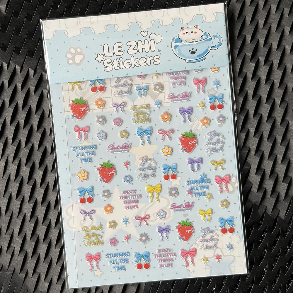 LEZHI Cute Puffy Stickers Sheet Kawaii Strawberry Bow Cat Angel 3D Embossed Decals For Phone Journal Scrapbook DIY Gift