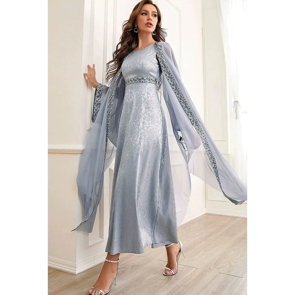 Fashion Gray Embroidery Muslim Matching Set Kimono Cardigan Open Abaya Women Maxi Dress Islamic Jalabiya Ramadan Eid Outfit Robe