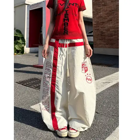 American High Street Women's Casual Sports Pants Summer Trend Loose Straight Stripe Splicing Long Trousers Breathable Thin