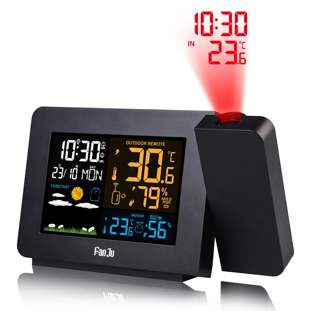 Weather Station Digital Projection Clock DCF Radio Controlled Dual Alarm Wireless Outdoor Sensor Temperature Humidity Frost Aler