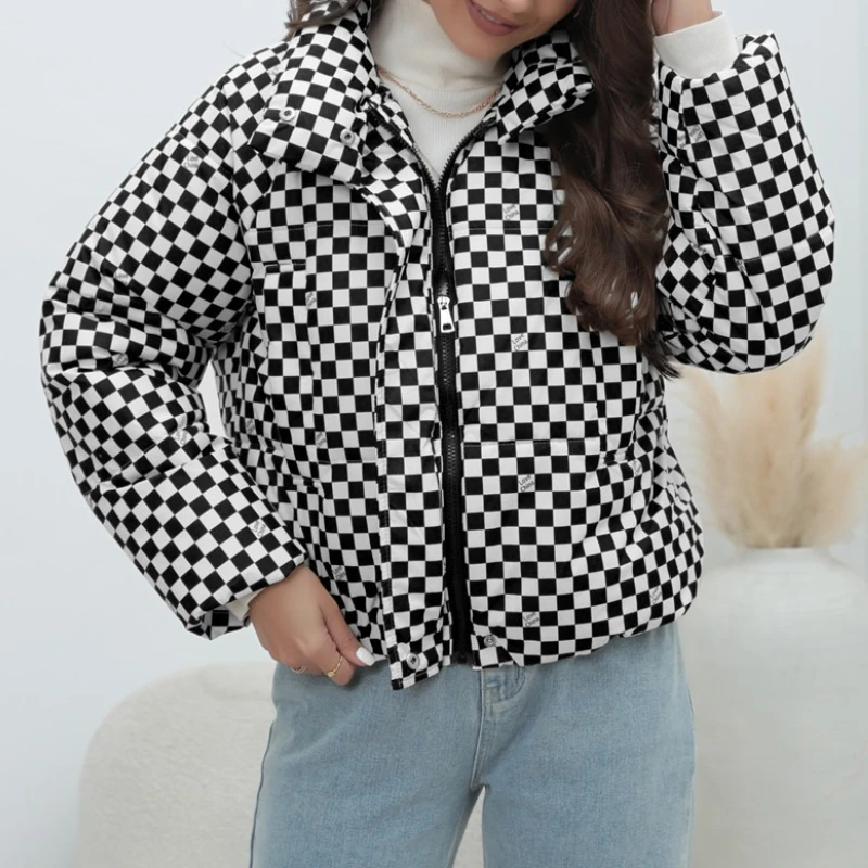 Damesmode warme geruite jas Wintermode katoenen jas Broodstijl Veelzijdige verdikte winterjas met lange mouwen voor dames