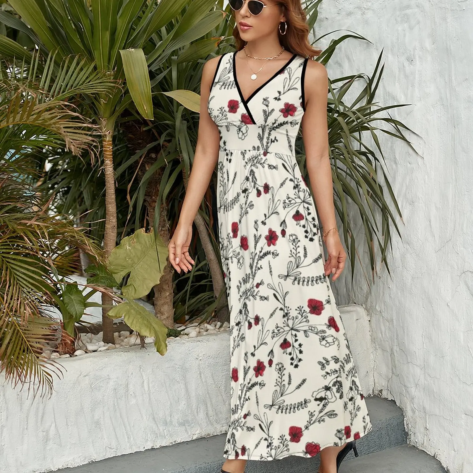 Red Flower Pattern Sleeveless Dress luxury dress Beachwear
