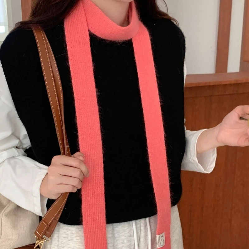 Trendy Women Narrow Scarf Long Knitted Thin Scarf Autumn Winter Warm Neckerchief Teen Student Simple Street Decoration Scarf