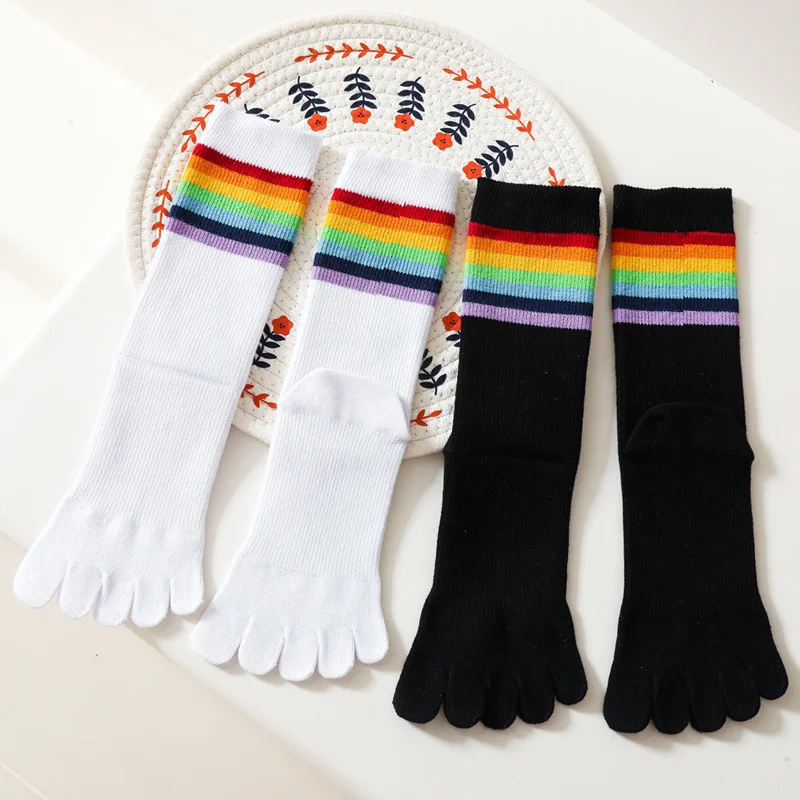 Fashion Rainbow Socks with Toes Woman Mid-calf Striped Black White Cotton Sock Korean Style Sport Compression Five Finger Socks