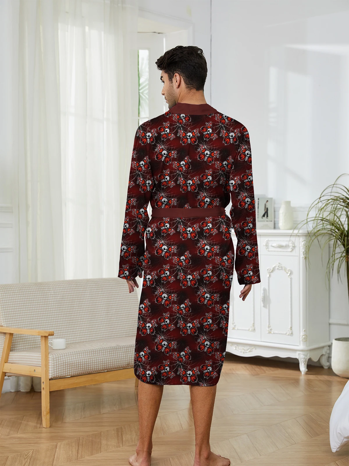 Men's long robe with digital printed butterfly pattern, a comfortable home casual robe for spring and autumn.
