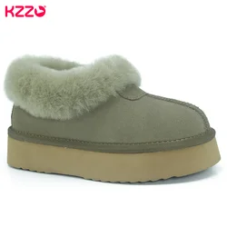 KZZO Fashion Winter Ultra Mini Women Platform Snow Boots Sheepskin Natural Wool Fur Shallow Casual Ankle Warm Shoes Thick sole