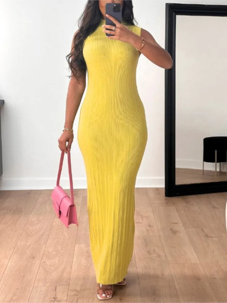 

Summer Knitted Solid Color Slim Long Dresses Women Fashion Trendy Package Hip Bodycon Sleeveless Dress Female Commuting Vestidos