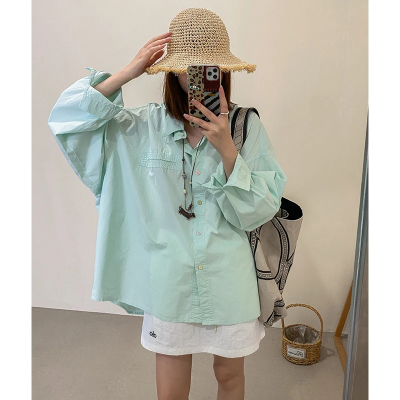 

Phil Dan Pastel een Cotton Blend Long Sve irt Loose Fit Button up mid Length Cover Butt Sle Summer 2025 Ladies irt