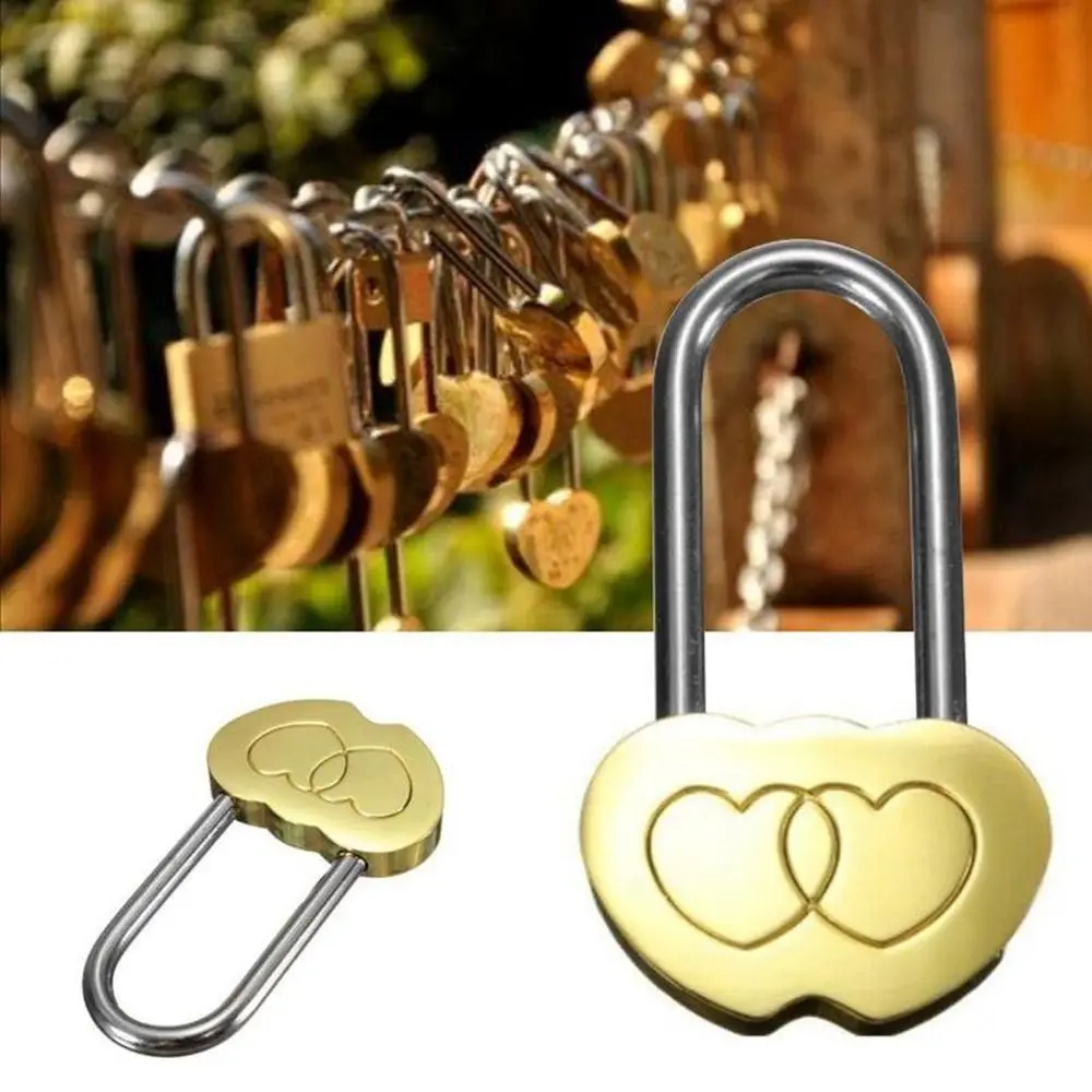 Brass Scenic Wishing Lock 40MM Heart Shape Padlock Love Lock Double Heart Valentines Engraved Lock