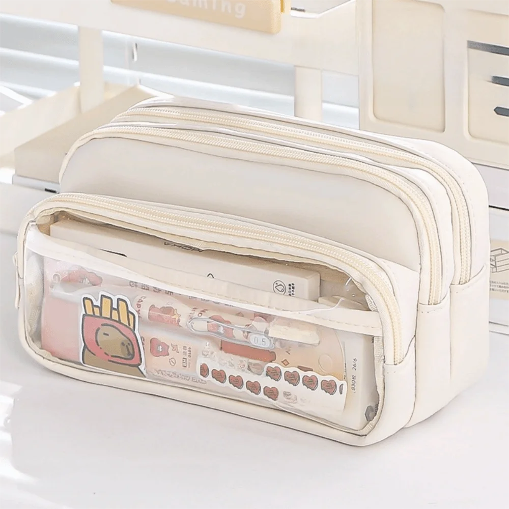 

New Color-Block Pen Bag Transparent Pocket Multi-Compartment Pencil Case Large Capacity with Zipper Multi-layer Pen Pouch Girl