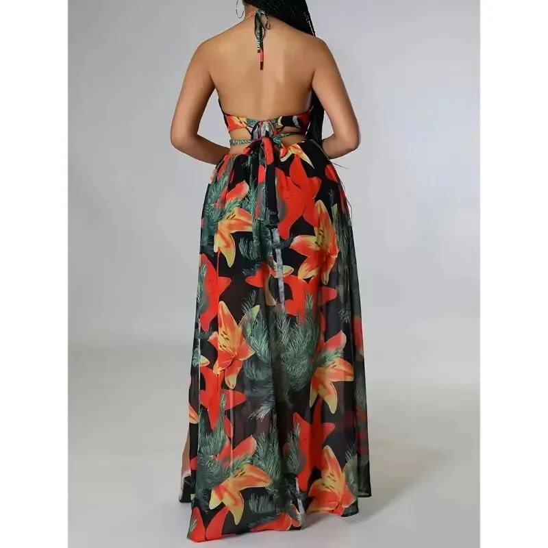 Abito vintage da donna con bretelle con spacco laterale senza schienale Y2K stampato lungo da vacanza abito sexy con cinturino con scollo a V e lacci senza schienale